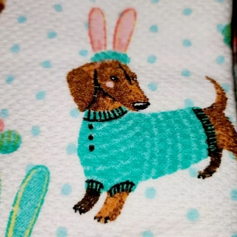 2pc Easter Bunny Lab Dachshund Beagle Dog Kitchen Towel Set Isaac Mizrahi New
